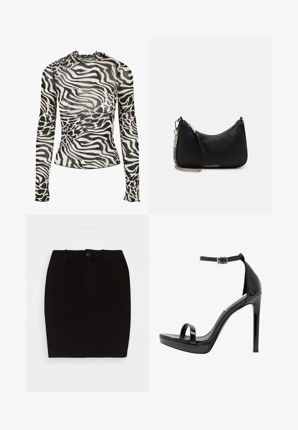 Blusa de manga larga con cuello alto, que presenta un diseño de estampado de cebra en blanco y negro sobre un tejido transparente. Acentos con volantes en el escote y los puños.; Pieces PCSKIN SLIM SHORT SKIRT - Minifalda - black; Steve Madden MILANO - Sandalias de tacón - black; Bolso de mano sintético negro con forma curved, cadena plateada, cierre de cremallera y logo de la marca en relieve en la parte frontal. Textura suave.