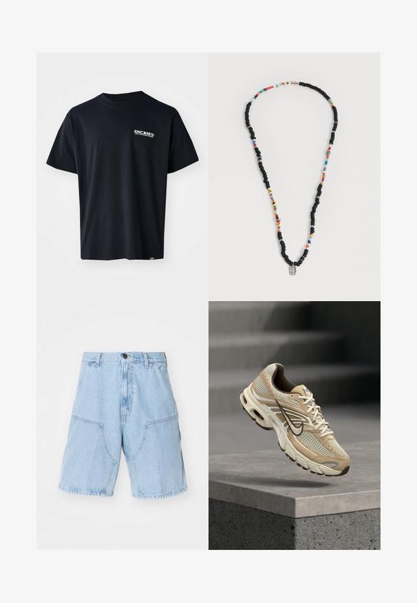 Camiseta negra de manga corta hecha de algodón, con un logo gráfico de texto blanco en el lado izquierdo del pecho, corte recto y una etiqueta en el lateral.; Pantalones cortos de mezclilla azul claro con un ajuste holgado, que presentan dos grandes bolsillos frontales y un cierre de botón en la cintura.; Zapatilla de running Nike beige y blanca con paneles de malla y el swoosh negro, flotando sobre un borde de hormigón con escaleras desenfocadas al fondo.; Collar con cuentas alternas negras y multicolores, con pequeños anillos de plata y un colgante rectangular de cuentas transparentes.