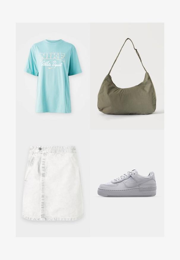 Lyseblå bomulds T-shirt med korte ærmer og rund halsudskæring. Har "NIKE" logo og tekst i hvid og ferskenfarvet print.; Denim nederdel i lysegrå. A-line design med frontlommer, en synlig søm ned ad midten og en enkelt metalknap i taljen.; Grå Nike Air Force 1 sneakers med perforeret tå, glat læderoverdel, tyk sål og præget 'AIR' detalje på hælen.; Skuldertaske i blødt olivengrønt stof med lynlås og justerbar rem på ensfarvet, lyst baggrund.