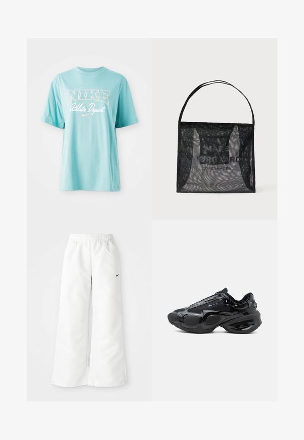 Lyseblå bomulds T-shirt med korte ærmer og rund halsudskæring. Har "NIKE" logo og tekst i hvid og ferskenfarvet print.; Hvide atletiske bukser med et bredbenet design, elastisk talje og et lille sort Nike-logo på venstre side. Glat, let materiale.; Sort sneaker med skinnende og netpaneler, afrundede sålesegmenter og små blomsterudsmykninger nær hælen og snørebåndene.; Sort net-tote taske med firkantet bund og enkelt skulderrem, med teksten "Mads Nørgaard Copenhagen" på forsiden.