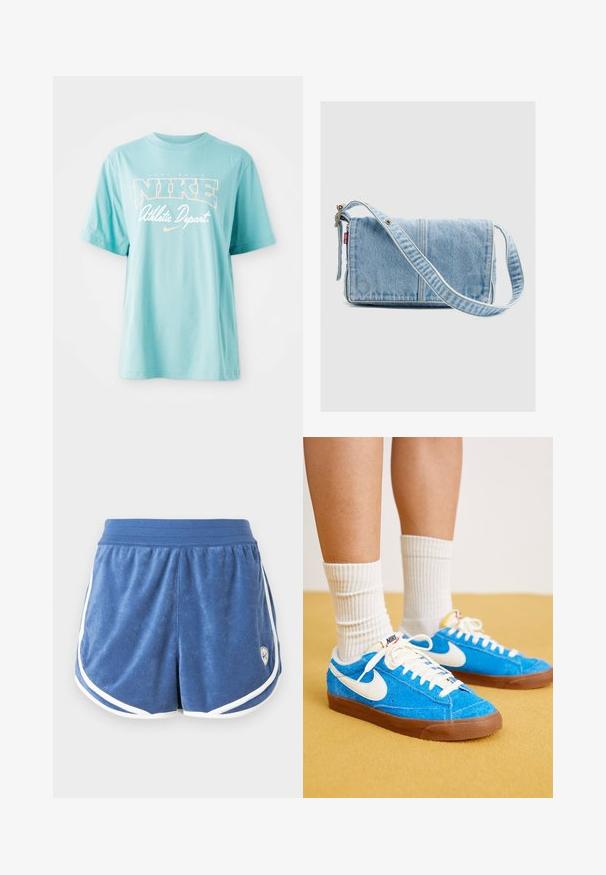 Lyseblå bomulds T-shirt med korte ærmer og rund halsudskæring. Har "NIKE" logo og tekst i hvid og ferskenfarvet print.; Blå terry-klud atletikshorts med elastisk taljebånd og hvid kant langs kanter og sider.; Blå ruskind Nike sneakers med hvide detaljer, flade snørebånd og brune gummisåler, parret med ribbede hvide sokker.; Lyseblå denim skuldertaske med justerbar rem og Levi's røde mærke på venstre side, sat mod en simpel lys grå baggrund.