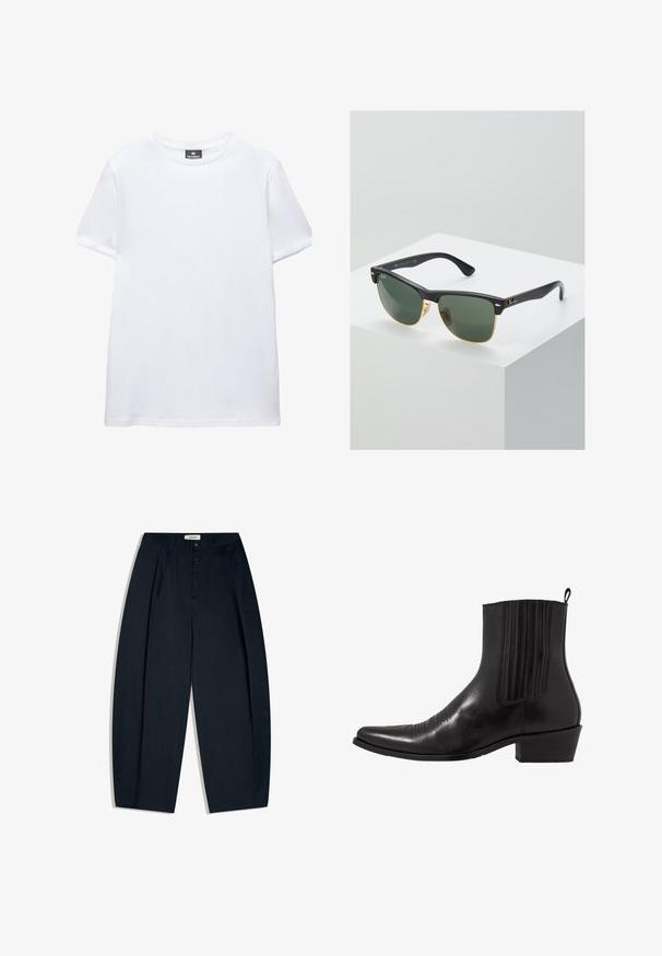 Einfaches weißes T-Shirt mit kurzen Ärmeln und Rundhalsausschnitt mit einem schwarzen Pull&Bear-Etikett innen am Kragen, abgebildet auf weißem Hintergrund.; Schwarze Hosen mit hoher Taille, Falten, Knopfverschluss, Gürtelschlaufen und geradem, weitem Bein.; Schwarze Leder- ankle boot mit spitzem Zehenbereich, elastischen Seitenpaneelen, vertikalen Steppnähten und einem niedrigen Blockabsatz.; Ray-Ban Sonnenbrillen mit grünen Gläsern, schwarzen Kunststoffrahmen und goldenen Akzenten an den Rändern. Quadratische Form mit matter Oberfläche.