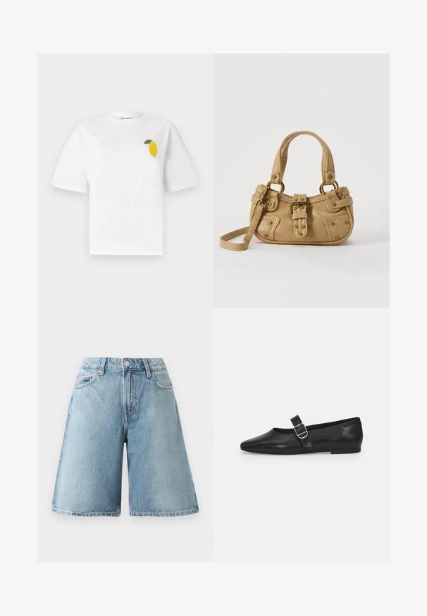 Weißes Baumwoll-T-Shirt mit kurzen Ärmeln, das ein kleines gelbes Zitronenmotiv mit einem grünen Blatt auf der linken Brustseite zeigt.; Helle blaue Jeansshorts mit lockerer Passform, mittlerer Bundhöhe, fünf Taschen und kontrastierenden Nähten. Der Stoff hat eine weiche Textur.; Schwarzer Lederflatschuh mit runder Zehenform, einem verstellbaren Schnallenriemen und einer glatten, glänzenden Oberfläche. Minimalistisches Design mit einem niedrigen Absatz.; Beige Lederhandtasche mit doppelten Griffen, Messingschnalle und Nieten, sowie verstellbarem Schultergurt vor weißem Hintergrund.