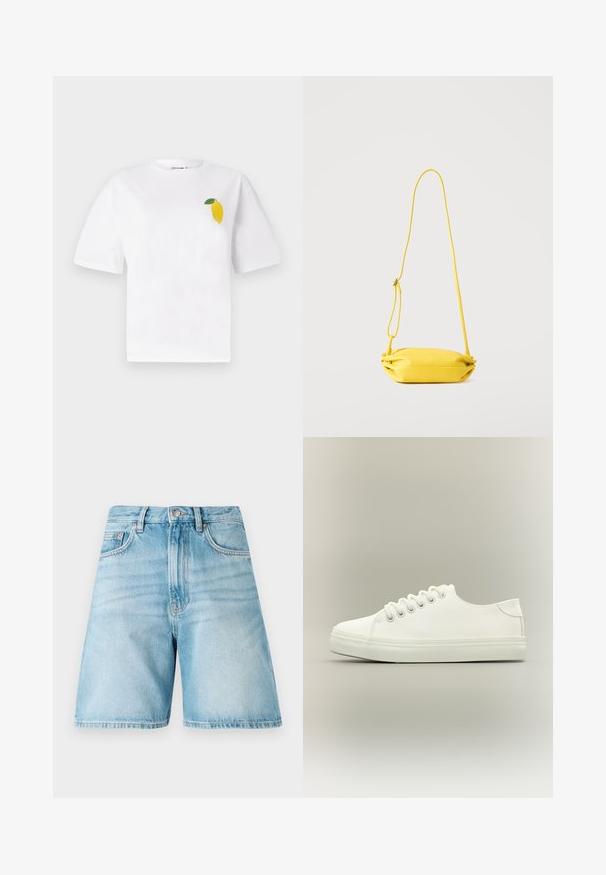 Hvid bomuld t-shirt med korte ærmer, der har et lille gult citrondesign med en grøn blad i venstre brystområde.; Lyseblå denimshorts med afslappet pasform, der har fem lommer, bæltestropper og en falmet tekstur. Kanten er lige og syet.; Hvid lavtop sneaker med hvide snørebånd og gummisål vist fra siden på en neutral baggrund.; Gul crossbody taske med justerbar tynd rem, blød struktur og lynlås, vist mod en ensartet lys baggrund.