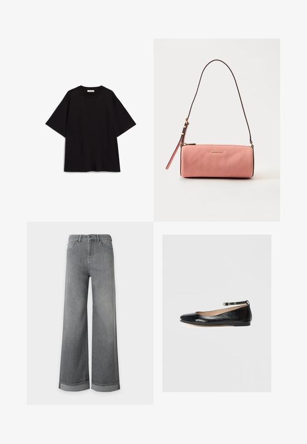 Schwarzes Baumwoll-T-Shirt mit lockerem Schnitt, kurzen Ärmeln, rundem Ausschnitt und glatter Textur. Keine Muster oder Akzente.; Graue, hoch taillierte Jeans mit weitem Bein, fünf Taschen, Knopfverschluss und umgeschlagenen Bündchen, vor schlichtem weißem Hintergrund.; Schwarze Leder-Ballerinas mit runder Zehenpartie, Knöchelriemen und niedrigem Absatz. Glatte Textur und minimalistisches Design.; Pink strukturierte Leder-Schultertasche mit goldfarbenem Reißverschluss und verstellbarem Riemen, mit kleinem goldfarbenem „Michael Kors“-Logo auf der Vorderseite.