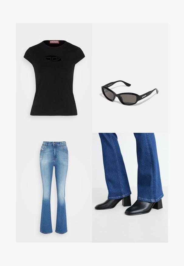 Sort kortærmet t-shirt med en tætsiddende design, der har et struktureret Diesel-logo i oval form på fronten.; Lystblå denim flared jeans med høj talje, subtilt slid på lårene, to frontlommer og knaplukning i taljen.; Sorte læder ankelstøvler med firkantet tå og blokhæl, parret med blå denim flarebukser med kontraststing ved kanten.; Sorte solbriller med rektangulært stel, mørke linser, glat plastmateriale og en metalaccent på templet.