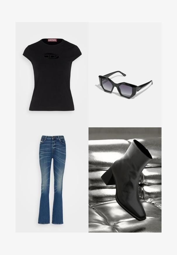 Sort kortærmet t-shirt med en tætsiddende design, der har et struktureret Diesel-logo i oval form på fronten.; Flared denim jeans i mellemblå vask med slidser. Har en knaplukning, fem lommer og en klassisk, tætsiddende silhuet.; Sorte ankelstøvler lavet af glossy materiale med firkantet tå og spidse hæle, sat mod en skinnende sølv tuftet baggrund.; Guess Solbriller - shiny black