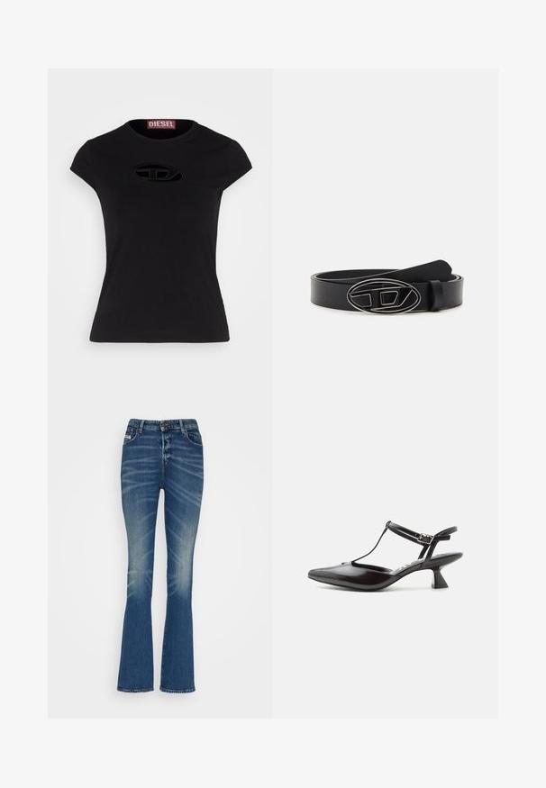 Sort kortærmet t-shirt med en tætsiddende design, der har et struktureret Diesel-logo i oval form på fronten.; Flared denim jeans i mellemblå vask med slidser. Har en knaplukning, fem lommer og en klassisk, tætsiddende silhuet.; Sort patentlæder sko med lav hæl, spids tå, T-rem og justerbar spænde lukning på hvid baggrund.; Sort læderbælte med en bred rem, en oval sølvspænde med geometrisk design, og en glat overflade på hele bælte.