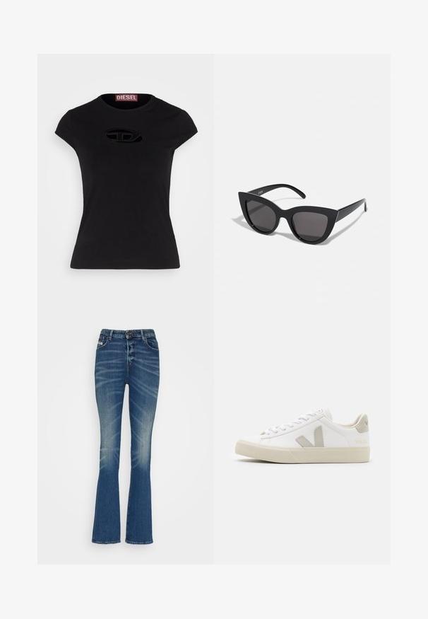 Sort kortærmet t-shirt med en tætsiddende design, der har et struktureret Diesel-logo i oval form på fronten.; Flared denim jeans i mellemblå vask med slidser. Har en knaplukning, fem lommer og en klassisk, tætsiddende silhuet.; Hvide sneakers lavet af læder med grå V-logo detaljer, struktureret gummisål, hvide snørebånd samt polstret tunge og krave.; Sorte cat-eye solbriller med mat finish, der har grå tonede linser, skarpe vinkler og slanke sidearme. Mærkenavnet er synligt på den indre arm.