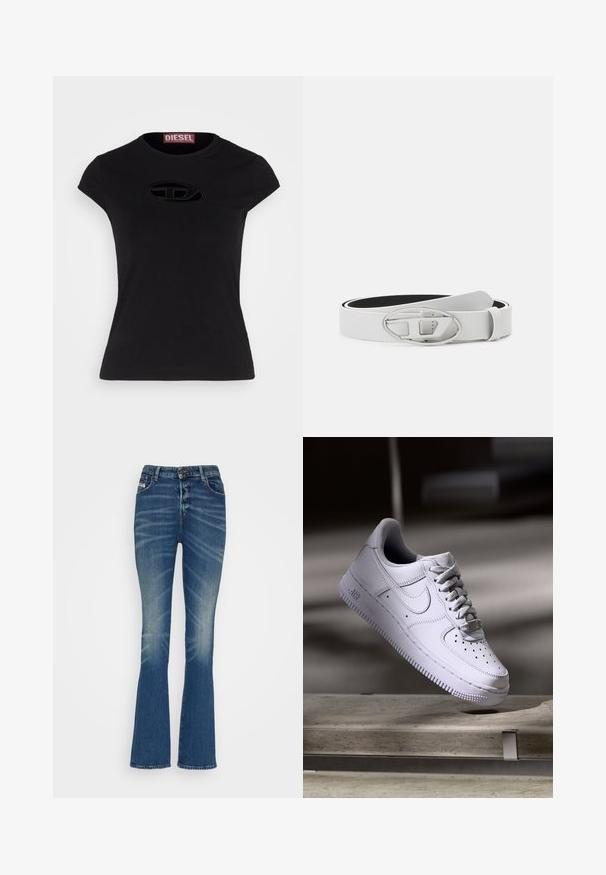 Sort kortærmet t-shirt med en tætsiddende design, der har et struktureret Diesel-logo i oval form på fronten.; Flared denim jeans i mellemblå vask med slidser. Har en knaplukning, fem lommer og en klassisk, tætsiddende silhuet.; Hvid Nike Air Force 1 sneaker svævende over en betonoverflade med skygger i et minimalistisk miljø.; Hvid læderbælte med en blank oval sølvspænde og en glat overflade, der har en kontrastfarvet sort inderside.