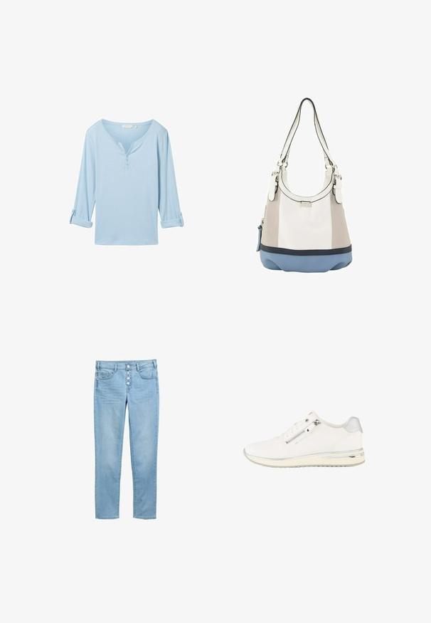 Top de manga larga azul claro con un corte relajado, escote en V y tres botones. Fabricado en una tela texturizada con puños remangados.; Vaqueros de mezclilla azul claro con un diseño ajustado, cinco bolsillos y una bragueta con botones que presenta cinco botones visibles. Textura suave y corte clásico.; Zapatilla blanca de corte bajo con cremallera lateral, cordones delanteros, tejido texturizado y detalle plateado en el talón y la suela.; Bolso tipo hobo en materiales sintéticos blanco, gris y azul; cuenta con una correa ancha, herrajes plateados y una textura suave con una base de color sólido.