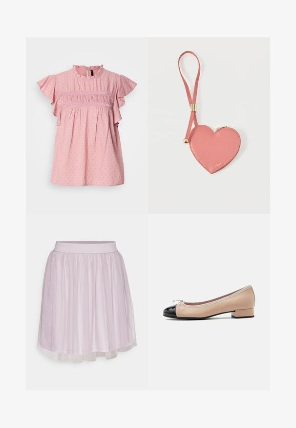 Blouse en coton rose avec des manches courtes à volants, un col haut et des détails texturés. Présente des fronces et des accents en dentelle sur la poitrine.; VILA VIDOLL SKIRT - Minijupe - nirvana; Ballerine femme à petit talon avec dessus en cuir beige, bout verni noir, bordure beige et petit nœud sur le dessus.; Pochette à pièces en cuir rose en forme de cœur avec sangle de poignet et fermeture éclair dorée, marquée d’un petit texte doré "Furla".