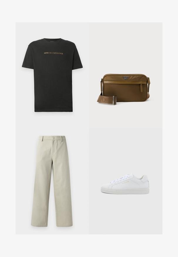 T-shirt noir à manches courtes et col rond avec "ARMANI EXCHANGE" imprimé en lettres dorées sur la poitrine.; Han Kjøbenhavn WIDE LEG - Pantalon classique - light grey; Baskets basses en cuir blanc avec bout rond, lacets plats, semelle texturée et logo discret doré sur le côté. Surface lisse et design minimaliste.; Sac bandoulière rectangulaire marron avec poche zippée à l'avant, sangle réglable embossée du nom de la marque, et logo métallique au centre supérieur.