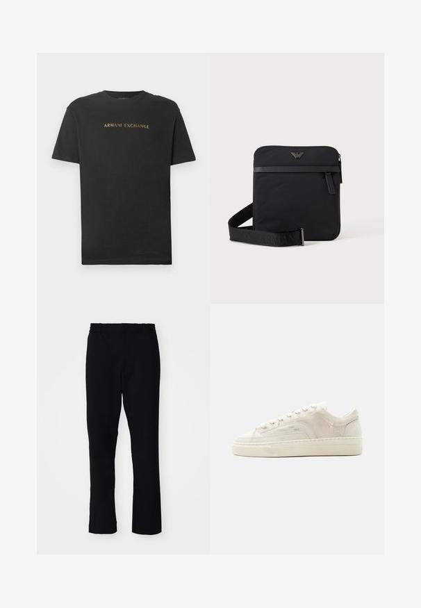 T-shirt noir à manches courtes et col rond avec "ARMANI EXCHANGE" imprimé en lettres dorées sur la poitrine.; Pantalons noirs à coupe slim. Ils sont dotés d'une taille élastique et de jambes droites, fabriqués à partir d'un tissu lisse avec une finition mate.; Baskets basses blanches avec fermeture à lacets, tige en tissu texturé et semelle épaisse en caoutchouc, vues de côté extérieur sur un fond uni.; Sac bandoulière carré noir avec fermeture éclair, poche avant et sangle réglable avec nom de marque embossé.