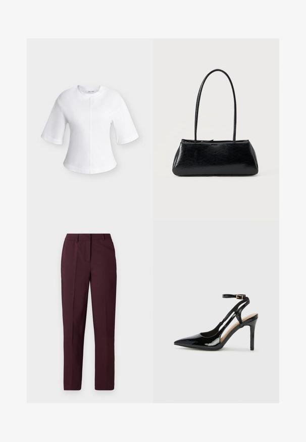 Blouse blanche à manches courtes avec un col rond et un détail de couture verticale centrale à l'avant.; Pantalon droit bordeaux avec une texture lisse, présentant un devant plat et sans poches visibles. Coupe ajustée avec une coupe classique.; Escarpin en cuir verni noir à talon haut, avec un bout pointu, une bride réglable à la cheville et des côtés ouverts. Texture lisse.; Sac à épaule rectangulaire noir avec de longues bretelles fines et une texture lisse et brillante sur un fond uni.