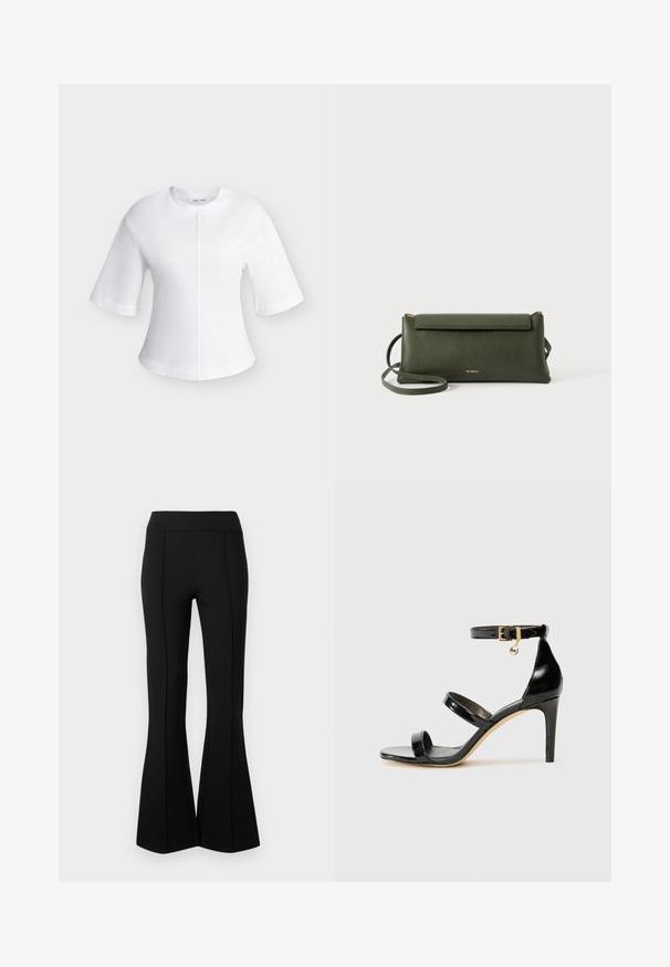 Blouse blanche à manches courtes avec un col rond et un détail de couture verticale centrale à l'avant.; Pantalon noir à taille haute évasé avec des coutures verticales à l'avant et des jambes larges, présenté sur un fond clair uni.; Sandale en cuir verni noir avec trois brides, boucle de cheville et talon aiguille de 10 cm. Présente un détail en métal doré et un charm logo.; Sac en cuir texturé vert foncé, porté en travers du corps, avec fermeture à rabat et fine sangle réglable, embossé d'un petit logo doré "Bee Projects".
