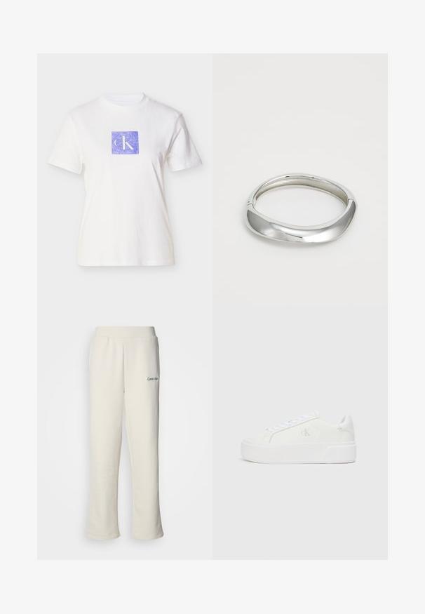 Λευκό βαμβακερό t-shirt με μώβ τετράγωνο σχέδιο που περιλαμβάνει τα γράμματα "CK" σε ανοιχτή απόχρωση. Κοντά μανίκια και στρογγυλή λαιμόκοψη.; Κρέμας χρώματος φόρμες Calvin Klein με ανάλαφρη εφαρμογή, ελαστική μέση και μικρό πράσινο λογότυπο στην αριστερή πλευρά. Μαλακή, λείο υφή.; Λευκά αθλητικά παπούτσια με λείο δερμάτινο πάνω μέρος, στρογγυλή μύτη, λευκές κορδόνες και διακριτική λογότυπη λεπτομέρεια στο πλάι. Επίπεδη καουτσούκ σόλα.; Ασημένιο μέταλλο βραχιόλι με ομαλή, καμπυλωτή σχεδίαση. Η γυαλισμένη επιφάνεια και οι στρογγυλεμένες άκρες δημιουργούν μια άψογη εμφάνιση.