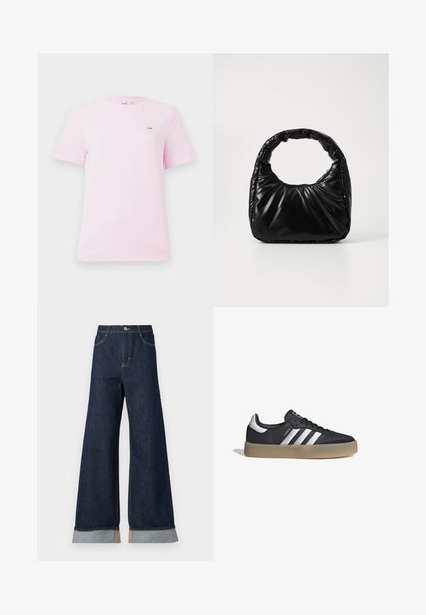 Camiseta de algodón de algodón de manga corta en color rosa claro, con un pequeño gráfico de cara sonriente redonda en el lado izquierdo del pecho. Textura suave y corte estándar.; Jeans de mezclilla oscuros de pierna ancha con costuras naranjas, con una cintura alta, dos bolsillos delanteros y puños enrollados que muestran una tela de contraste en azul claro.; Zapatilla deportiva de cuero negro con tres rayas plateadas, punta texturizada y suela de goma. Cuenta con un collar acolchado y un diseño con cordones.; Bolso negro acolchado con un asa redondeada, que presenta una superficie lisa y brillante y una textura suave y acolchada. Sin herrajes ni acentos visibles.