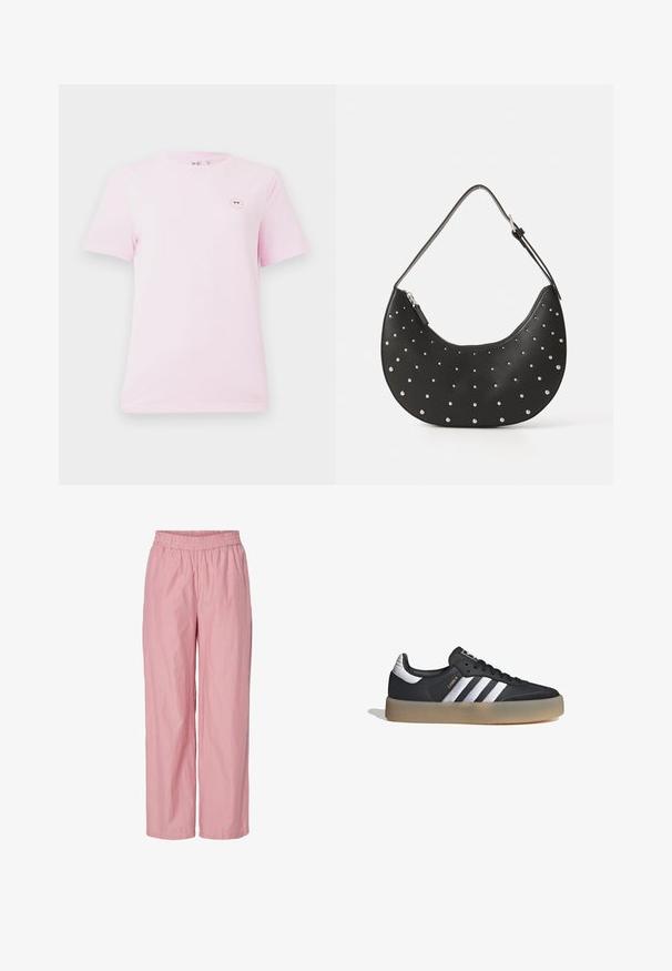 Camiseta de algodón de algodón de manga corta en color rosa claro, con un pequeño gráfico de cara sonriente redonda en el lado izquierdo del pecho. Textura suave y corte estándar.; Pantalones de pernera ancha a rayas rosas con cinturilla elástica. Fabricados con una tela ligera de textura suave. Presentan sutiles rayas verticales.; Zapatilla deportiva de cuero negro con tres rayas plateadas, punta texturizada y suela de goma. Cuenta con un collar acolchado y un diseño con cordones.; Bolso de mano de cuero negro con forma curva, adornado con tachuelas plateadas, cuenta con cierre de cremallera y una sola correa ajustable.