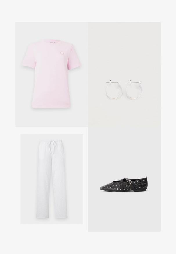 Lyserød t-shirt med korte ærmer lavet af bomuld, der har et lille rundt smiley-ansigt grafisk tryk på venstre bryst. Blød tekstur og standard pasform.; Hvide bukser med vide ben med hulmønsterbroderi, elastisk talje og snor foran.; Sort spids flad sko med sølvnitter og justerbar krydsrem med spænde, minimal hæl, på plain lys baggrund.; Sølv hoop øreringe med en poleret finish, der har en simpel rund form og en post-baglukning for sikker bæring.