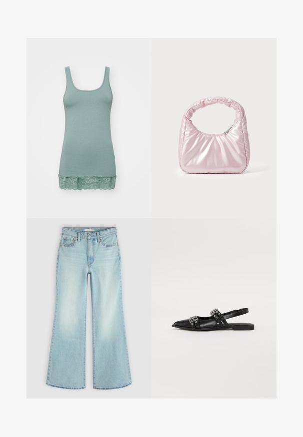 Lichtgroene tanktop gemaakt van zachte stof, met een ronde halslijn en een kantafwerking aan de zoom. Soepele textuur, rekbaar ontwerp.; Lichtblauwe high-waist spijkerbroek met knoop- en ritssluiting, voor- en achterzakken en brede uitlopende pijpen.; Even&Odd by Zalando Slingback ballerina´s - black; Roze, gevoerde handtas met een afgeronde vorm, gemaakt van glanzend materiaal. Beschikt over een geplooide handgreep en een ritssluiting voor veilige toegang.