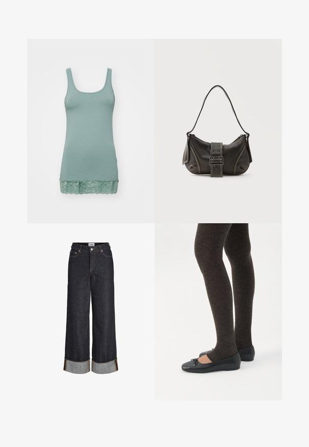 Lys grøn tanktop lavet af blødt stof, med en scoop-udskæring og en blonderibe i kanten. Glat struktur, strækbart design.; Mørkeblå jeans med brede ben og opbuk ved kanterne, fem lommer og kontrastfuld gul syning.; Ben iført mørke ribbede leggings kombineret med sorte balletsko med små sløjfedetaljer på hvid baggrund.; Sort læder skuldertaske med spænde på remmen, afrundede kanter og kontrasterende hvide syninger på en ensfarvet baggrund.