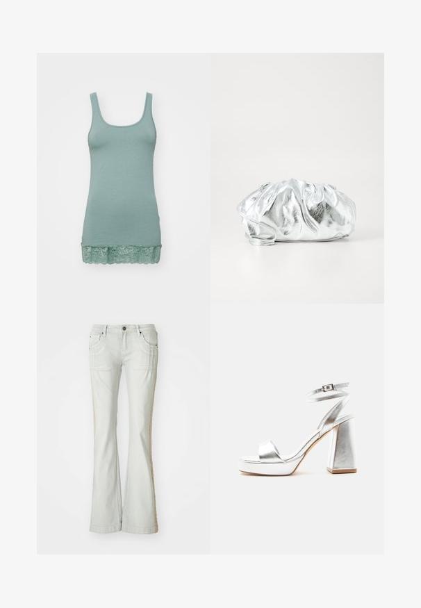 Lichtgroene tanktop gemaakt van zachte stof, met een ronde halslijn en een kantafwerking aan de zoom. Soepele textuur, rekbaar ontwerp.; Lichtgrijze denim flare jeans met zijzakken, voorzien van een gestructureerde beige streep langs de buitennaad, knoopsluiting en riemlussen.; Zilveren metallic sandaal met hoge hak, enkelbandje, blokhak en open teen op een effen lichte achtergrond.; Metalen zilveren clutch tas met een zachte, geplooide body en een dunne schouderriem. Kenmerkt zich door een gladde, glanzende textuur en afgeronde vorm.