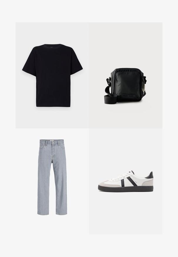 Sort kortærmet t-shirt med rund halsudskæring. Fremstillet af blødt stof, med en afslappet pasform og uden synlige mønstre eller detaljer.; Lysblå denimjeans med en afslappet pasform, lige benudforming, synlige syninger, to forlommer og knaplukning.; Hvide sneakers med sorte og grå detaljer, med en tekstureret grå tåhætte, sort gummisål og flade hvide snørebånd. Rent design, minimalistisk stil.; Sort kompakt crossbody taske med front lynlåslomme, justerbar rem og tekstureret stof mod en ensfarvet baggrund.