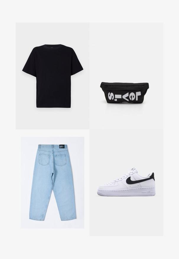 Schwarzes kurzärmliges T-Shirt mit Rundhalsausschnitt. Hergestellt aus weichem Stoff, mit lässiger Passform und ohne sichtbare Muster oder Akzente.; Hellblaue Jeans aus Denim mit lockerem Schnitt, ausgestattet mit zwei Gesäßtaschen und einem sichtbaren Label am Bund. Glatte Textur, gerades Beindesign.; Weißes Leder-Sneaker mit einem strukturierten schwarzen Swoosh, flachen Schnürsenkeln und einer Gummisohle mit genoppetem Muster. "AIR" ist auf der Ferse eingeprägt.; Schwarze Stofftasche mit flacher Form, mit fettgedrucktem weißen Text. Der Reißverschluss befindet sich oben, mit einer Schlaufe an einer Seite.