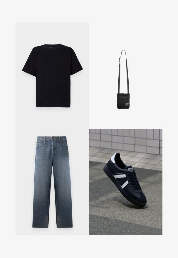 Schwarzes kurzärmliges T-Shirt mit Rundhalsausschnitt. Hergestellt aus weichem Stoff, mit lässiger Passform und ohne sichtbare Muster oder Akzente.; Jeans aus Denim in mittlerem Blau mit einem geraden Bein Design, ausgestattet mit fünf Taschen, einem Knopf- und Reißverschluss sowie subtilen Verblassungen.; Schwarze Leder-Sneaker mit weißen Streifen, strukturiertem Gummisohle und Schnürung. Verfügt über ein Markenetikett auf der Zunge.; Schwarze Umhängetasche mit verstellbarem Riemen und kleinem weißem rechteckigem Logopatch auf der unteren Vorderseite.