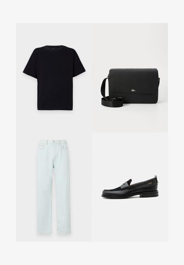 Sort kortærmet t-shirt med rund halsudskæring. Fremstillet af blødt stof, med en afslappet pasform og uden synlige mønstre eller detaljer.; Lyseblå lige bukser lavet af denim, med knaplukning, diskret slid, og fem-lomme design.; Sort læderloafer med grå remdetalje, lav hæl og tekstureret sål, mærket med "HUGO" i guld på siden.; Sort læder crossbody taske med en glat overflade, en frontklap, sølv logo accent og en justerbar stofrem.
