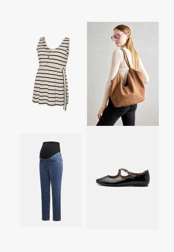 Gestreiftes Tanktop in Creme und Schwarz mit Rundhalsausschnitt, Knöpfen vorne, geraffter Taille und seitlicher Bindegürtel-Detail.; Schwangerschaftsjeans mit blauen Denimbeinen und einem schwarzen elastischen Bauchpanel, das dazu entworfen wurde, den wachsenden Bauch zu stützen und zu bedecken.; Schwarzer Mary Jane flacher Schuh aus Lackleder mit zwei Ausstanzungen und einem goldfarbenen Schnallenriemen auf weißem Hintergrund.; Braune Wildleder-Tasche mit weicher Textur, großer Öffnung und langen Trägern. Sie verfügt über ein simples Design mit sichtbarem Stich und ohne Beschläge.