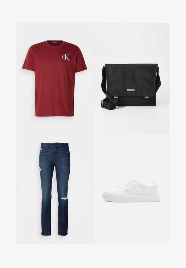 Camiseta de algodón burdeos con cuello redondo, mangas cortas y un logotipo "ck" en azul claro en el lado izquierdo del pecho. Textura suave.; Jeans de mezclilla azul oscuro con un corte ajustado, que presentan dos parches desgastados en la parte frontal, costuras resistentes y un diseño clásico de cinco bolsillos.; Zapatilla deportiva blanca de perfil bajo con tejido texturizado, cierre de cordones, suela plana y sutil logo "cK" en el panel lateral.; Maletín negro hecho de nailon con acabado mate. Presenta un cierre con solapa, una correa ajustable y una pequeña placa con el logo metálico.