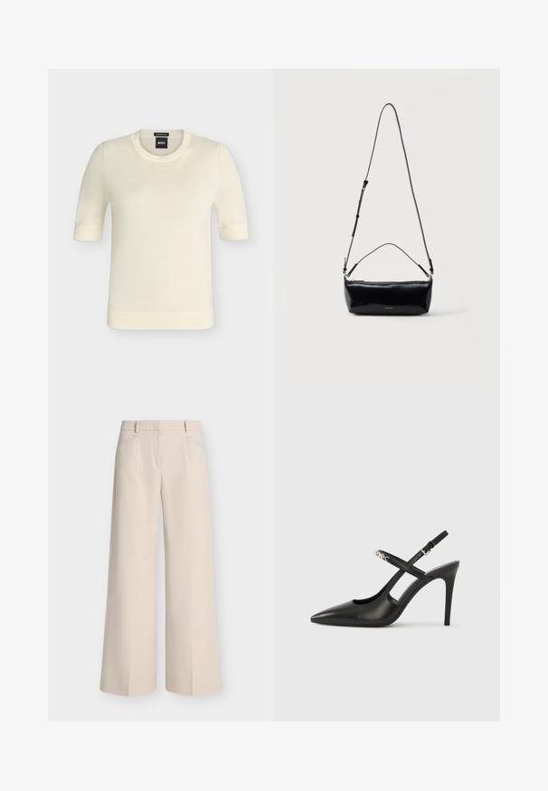 Pull à manches courtes couleur crème avec col rond, poignets et ourlet côtelés, étiquette "BOSS" Supreme Merino sur le col.; Pantalon beige à jambes larges avec poches avant, passants de ceinture et devant plat, présenté sur un fond clair uni.; Escarpins slingback en cuir noir avec bout pointu, design ajouré et bride ajustable ornée de ferrures métalliques.; Sac bandoulière rectangulaire en cuir noir avec bandoulière ajustable, fermeture éclair sur le dessus et petit logo Calvin Klein doré sur le devant.
