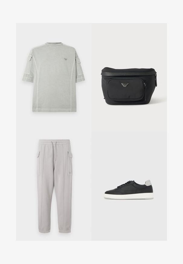 T-shirt surdimensionné gris clair à manches courtes, avec des poches latérales discrètes, un col rond et un petit logo sur la poitrine.; Pantalon de survêtement gris avec taille élastique, poches latérales et détail cousu courant verticalement le long des jambes. Texture en mélange de coton.; Baskets basses noires avec semelle blanche et languette grise au talon, vue de profil sur un fond blanc uni.; Sac banane noir avec poche avant zippée et logo aigle argenté, tissu lisse avec bordure texturée et tirettes de fermeture éclair.