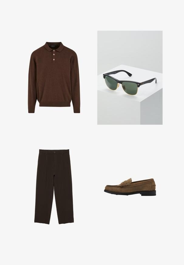 Pull-over en maille marron à manches longues avec un ourlet et des poignets côtelés, doté d'une patte de boutonnage à trois boutons et d'une coupe décontractée.; Pantalon ajusté marron foncé avec plis avant, passants de ceinture, fermeture par bouton et jambes droites raccourcies.; Mocassin penny en daim marron avec semelle noire et petit talon, vue de côté sur fond blanc.; Lunettes de soleil Ray-Ban avec des verres verts, monture en plastique noir et accents dorés sur les bords. Forme carrée avec une finition mate.