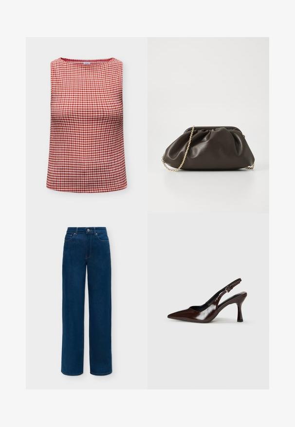 Haut sans manches avec motif vichy rouge et blanc et encolure ronde, plié à plat sur fond blanc.; Jean denim bleu foncé à coupe droite avec poches avant, passants de ceinture et fermeture par bouton à la taille.; Talons slingback en cuir verni brun avec un bout pointu, un talon fin, et une sangle réglable avec une petite boucle.; Sac à main en cuir marron avec un design froncé, une bandoulière en chaîne dorée et une finition douce et texturée. Sa forme compacte est idéale pour une utilisation en soirée.
