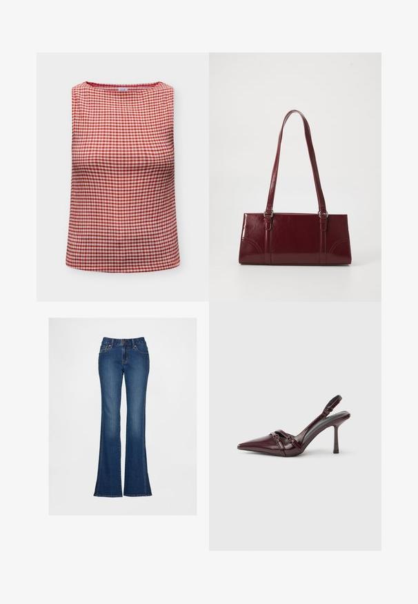 Haut sans manches avec motif vichy rouge et blanc et encolure ronde, plié à plat sur fond blanc.; Jean en denim bleu évasé à taille haute, avec cinq poches et surpiqûres contrastantes. Dispose d'une fermeture à bouton et glissière, finition texturée.; Escarpin slingback en cuir verni bordeaux avec bout pointu, fine bride à la cheville et petit détail décoratif de boucle. Texture lisse et talon haut.; Sac à main bordeaux en matériau brillant, de forme rectangulaire, avec deux anses et des accents légèrement courbés à l'avant.
