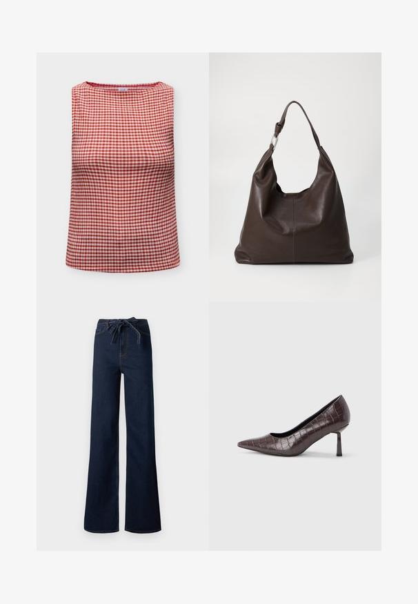 Haut sans manches avec motif vichy rouge et blanc et encolure ronde, plié à plat sur fond blanc.; Jean large bleu foncé taille haute avec ceinture nouée à l'avant et style classique à cinq poches.; Escarpins à bout pointu en similicuir marron avec une texture crocodile, dotés d’un talon fin et angulaire ainsi que d’une doublure intérieure lisse.; Zign LEATHER - Cabas - chocolate brown