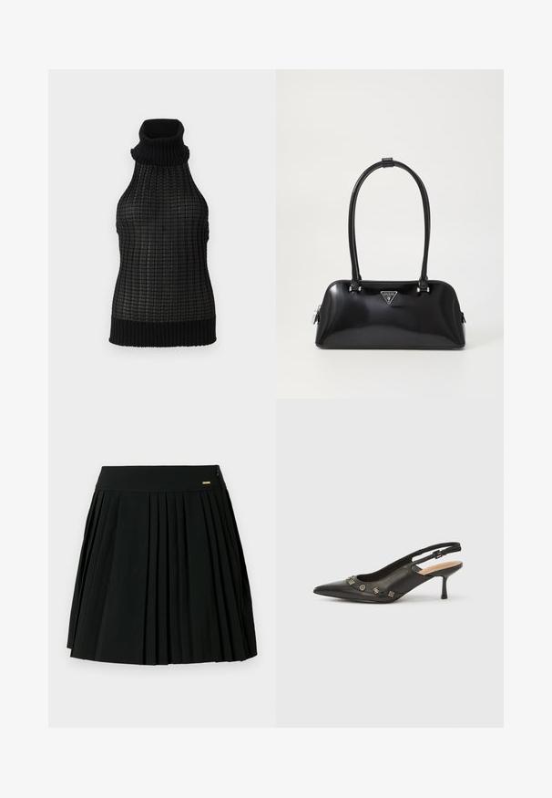 Sort ærmeløs turtleneck-top med et tekstureret rutenetmønster og ribbede kanter. Fremstillet af et let materiale med en tætsiddende pasform.; Sort plisseret nederdel med en glat linning og en lynlåslukning i siden. Fremstillet af blødt stof, med skarpe plisseringer for et struktureret udseende.; Sort slingback-pumpe i læder med spids tå, lille hæl og dekorative metalakcenter langs frontåbningen. Glat tekstur.; Sort glanshandtaske med en buet silhuet, to håndtag og en frontlogo-plakette. Lynlås lukning og skinnende hardware-detaljer.