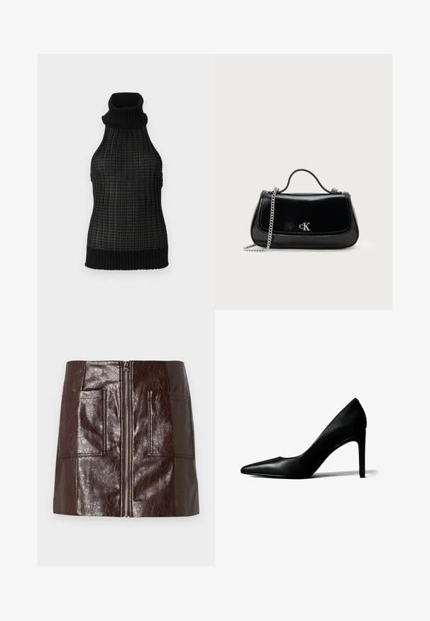 Sort ærmeløs turtleneck-top med et tekstureret rutenetmønster og ribbede kanter. Fremstillet af et let materiale med en tætsiddende pasform.; Brun faux læder mini-skjørt med en frontlynlås, to store forlommer og en glat, blank overflade.; Sort læder damesko med spids tå og høj, slank stilet-hæl på hvid baggrund.; Sort læderhåndtaske med en kædestrop, struktureret form og et sølvlogo. Glat overflade med flaplukning.