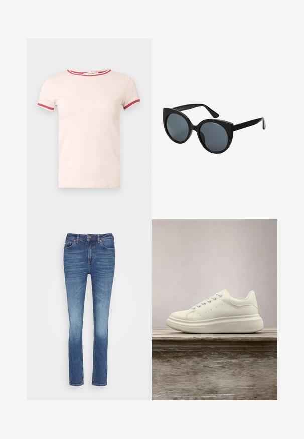 T-shirt rose clair à manches courtes avec bordure rouge sur le col et les bords des manches, devant uni, encolure ronde, tissu en coton.; Jean en denim bleu avec une coupe droite, comportant cinq poches, une fermeture à bouton à l'avant et des détails décolorés sur les cuisses.; Baskets en cuir blanc avec un bout rond, une texture lisse et des lacets contrastants. Dotées de trous de ventilation et d'une semelle en caoutchouc épaisse pour le confort.; Lunettes de soleil oversize noires en forme d'œil de chat, avec des verres teintés foncés et une monture en plastique brillant. Caractéristiques de branches épaisses pour le soutien.