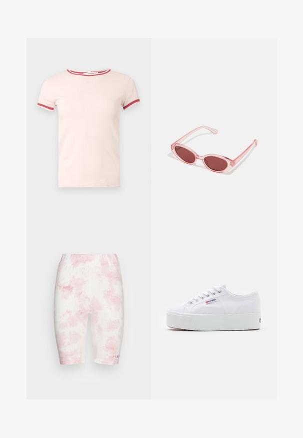 T-shirt rose clair à manches courtes avec bordure rouge sur le col et les bords des manches, devant uni, encolure ronde, tissu en coton.; FUBU CORPORATE TIEDYE CYCLING - Short - pink; Baskets en toile blanches avec une épaisse semelle plateforme blanche, bout rond et œillets en métal pour les lacets. Logo de la marque affiché sur le côté.; Lunettes de soleil transparentes roses avec des verres ovales, teintés d'un rouge foncé, et des branches fines, présentant une finition lisse et des détails subtils sur la monture.