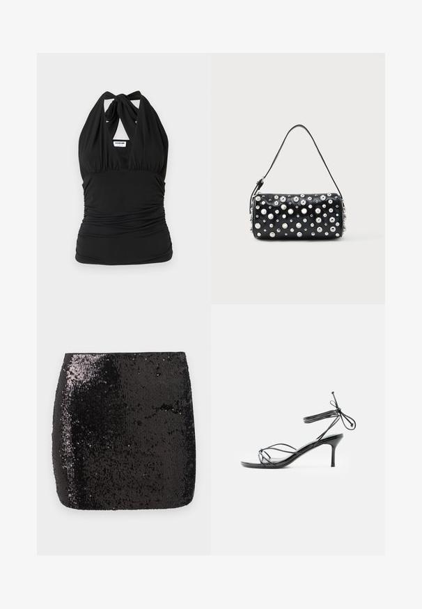 Noisy May NMBELLA HALTERNECK - Top - black; Sort palietteret mini nederdel med en tætsiddende form, glat tekstur og skinnende overflade, der reflekterer lys og skaber visuel interesse.; Sort højhælet sandal med tynde stropper omkring anklen og en mellemhøj stilethælt på en hvid baggrund.; Sort læderhåndtaske med rund form, dekoreret med sølvnitter. Har en aftagelig rem og lynlås. Glat tekstur.