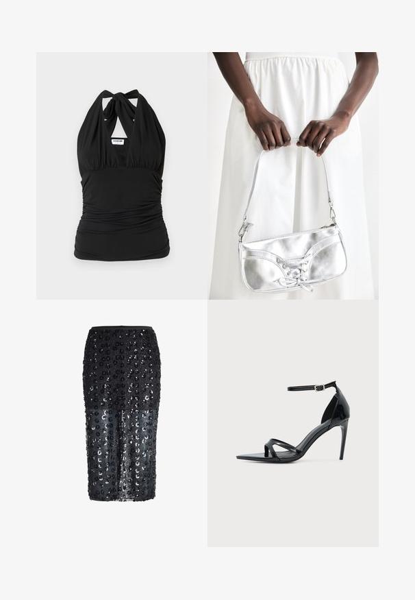 Noisy May NMBELLA HALTERNECK - Top - black; Falda midi negra con la mitad inferior translúcida, decorada con lentejuelas negras en forma de flores y una cintura ajustada.; Sandalia de tacón alto de charol negro con una fina correa en el tobillo, punta abierta y diseño minimalista sobre un fondo claro y liso.; Bolso metálico plateado con detalle de cordones, que presenta un diseño elegante y una correa corta. El bolso está sostenido con las manos, mostrando su textura.