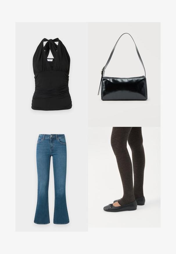 Noisy May NMBELLA HALTERNECK - Top - black; Modré denimové zvonové džínsy s pásom v strednej výške, dizajnom s piatimi vreckami a jemnými švami. Hladká textura s klasickým praním.; Nohy v tmavých pásikavých legínach v kombinácii s čiernymi balerínkami s malými mašličkami na bielom pozadí.; Čierna obdĺžniková kabelka na rameno s jedným nastaviteľným remienkom a horným zipsom na jednofarebnom pozadí.