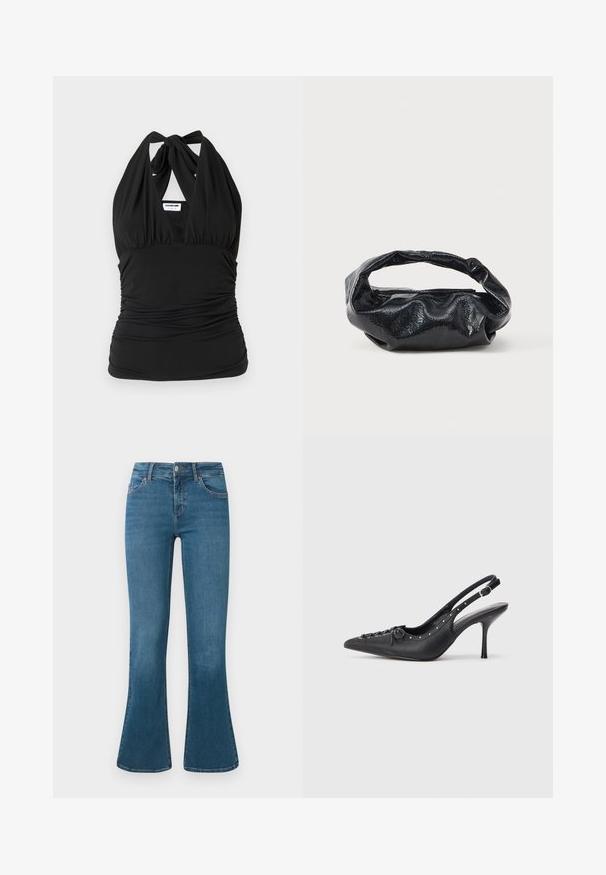 Noisy May NMBELLA HALTERNECK - Top - black; Jeans de mezclilla azul de corte acampanado con una cintura de media altura, diseño de cinco bolsillos y un sutil detalle de costura. Textura suave con un lavado clásico.; Sandal de tacón stiletto negro de cuero con punta afilada, correa lateral con hebilla, tachuelas a lo largo del borde y cordones decorativos en la parte delantera.; Bolso negro hecho de un material brillante y texturizado con un asa circular retorcida y un cierre de cremallera. Presenta un diseño suave y arrugado.