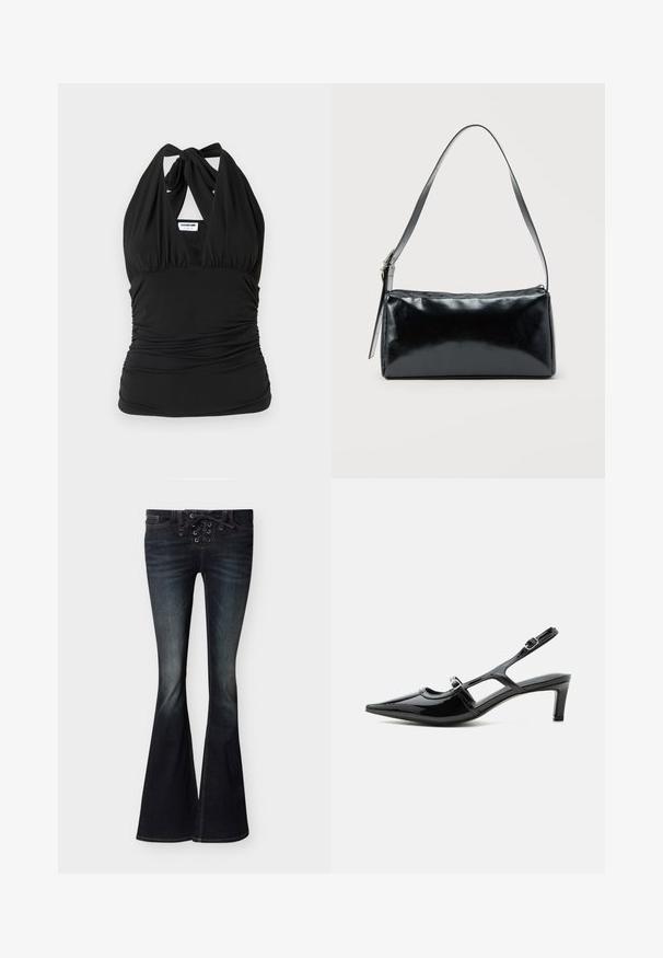 Noisy May NMBELLA HALTERNECK - Top - black; Mørkeblå flare-jeans med snøredetalje foran og diskret falmning på lår og knæ, vist på en flad overflade.; Sort laklæder spids tå slingback sko med lav hæl og to justerbare spænder, vist i sideprofil.; Sort rektangulær skuldertaske med en enkelt justerbar rem og lynlås i toppen på en ensfarvet baggrund.
