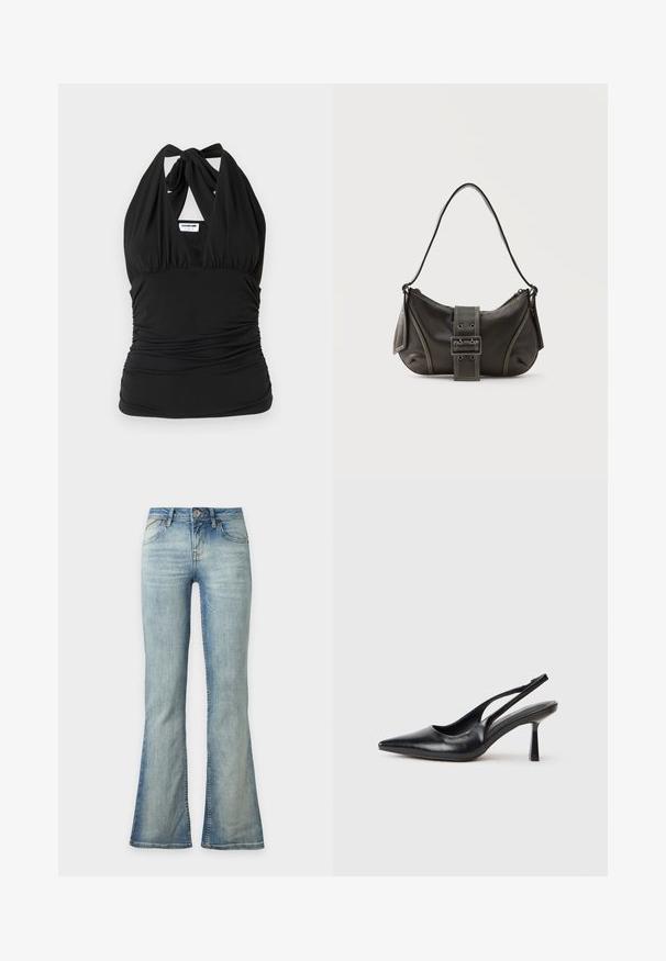Noisy May NMBELLA HALTERNECK - Top - black; Hellblaue Jeans aus Denim mit leicht ausgestelltem Bein unten, vorderer Knopf- und Reißverschluss sowie vorderen Taschen.; Schwarzer Leder Slingback High Heel Schuh mit spitzer Zehenpartie und schmalem Absatz auf einem weißen Hintergrund.; Schwarze Leder-Schultertasche mit Schnallengurt-Detail, abgerundeten Kanten und kontrastierenden weißen Nähten auf schlichtem Hintergrund.