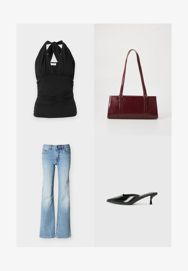 Noisy May NMBELLA HALTERNECK - Top - black; Lyseblå højttaljede denimjeans med vidde i benene, forlommer og lukning med knap og lynlås, vist på en hvid baggrund.; Sorte patenterede lædermules med spids tå, lav kittenheel og buede sider, der har en glansfuld finish og minimalistisk design.; Bordeaux håndtaske lavet af glansfuldt materiale, rektangulær form, med to skulderremme og subtile buede detaljer på forsiden.